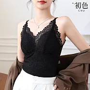 【初色】保暖純色加絨蕾絲細肩帶V領無袖背心打底內搭上衣-共3色-81840(M-L可選) M 黑色