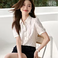 【初色】法式肌理感純色單排扣袖釦襯衫領短袖泡泡袖真絲襯衫上衣女上衣-白色-11065(M-3XL可選) 3XL 白色