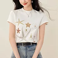 【MsMore】 燙鑽海星印花短款T恤修身百搭白色圓領短袖上衣# 124627 L 白色