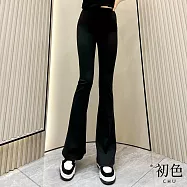 【初色】高腰修身運動長褲休閒褲寬褲長褲-4款任選-11011(M-2XL可選) 2XL C.黑色常規款