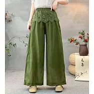 O-ni O-ni高級苧麻輕薄透氣拼接蕾絲浪漫名媛氣質風格鬆緊腰頭長褲_(品質保證)XS8721/ F 橄欖綠
