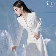 【初色】法式小香風純色單排扣鈕扣西裝領長袖中長裙連衣裙連身洋裝-白色-10926(M-2XL可選) XL 白色