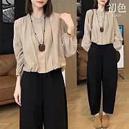 【初色】純色肌理感皺褶圓領長袖天絲襯衫女上衣+素色鬆緊腰休閒褲九分長褲套裝-共3色-10907(M-XL可選) M 卡其衣黑褲