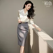 【初色】通勤單排釦西裝領長袖襯衫女上衣+純色皮帶直筒裙中長裙半身裙套裝-白衣灰裙-10917(M-XL可選) M 白衣灰裙