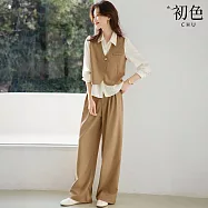 【初色】撞色假兩件拼接翻領長袖襯衫上衣女上衣+休閒純色闊腿褲褲寬褲長褲套裝-卡其色-11017(M-2XL可選) M 卡其色