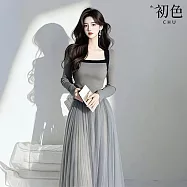 【初色】法式氣質純色網紗拼接內搭長袖中長連衣裙連身洋裝-灰色-11018(M-2XL可選) M 灰色