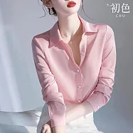 【初色】小香風洋氣絕美純色單排扣袖扣翻領長袖襯衫上衣女上衣-粉色-10920(M-XL可選) M 粉色