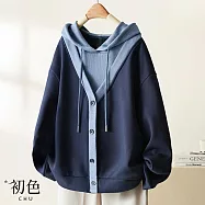 【初色】日系拚色假兩件假門襟長袖連帽帽T上衣女上衣-共3色-10979(M-3XL可選) M 藏藍色