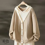 【初色】日系拚色假兩件假門襟長袖連帽帽T上衣女上衣-共3色-10979(M-3XL可選) M 卡其色