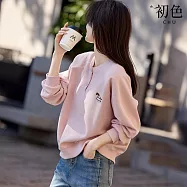 【初色】拼接撞色休閒刺繡寬鬆長袖大學T恤上衣女上衣-8款任選-10847(M-2XL可選) M B.粉色