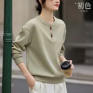 【初色】拼接撞色休閒刺繡寬鬆長袖大學T恤上衣女上衣-8款任選-10847(M-2XL可選) L H.灰綠色