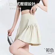 【初色】甜美風純色修身高腰防走光假兩件五分運動瑜珈短褲裙褲-共3色-11014(M-2XL可選) L 米白色