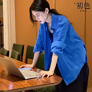 【初色】法式商務純色胸口袋單排扣POLO領長袖襯衫上衣女上衣-藍色-11034(M-2XL可選) L 藍色