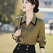 【初色】商務風簡約撞色包邊翻領長袖襯衫上衣女上衣-綠色-11021(M-2XL可選) M 綠色