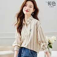 【初色】休閒簡約豎條紋寬鬆迷你刺繡翻領長袖襯衫上衣女上衣-杏米色-11070(M-3XL可選) M 杏米色
