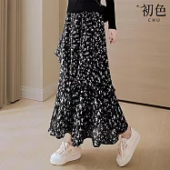 【初色】通勤簡約高腰鬆緊腰滿版碎花印花抽褶荷葉邊開衩A字裙中長裙半身裙-花色-11059(M-2XL可選) M 花色
