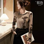 【初色】復古修身水墨花色暈染網紗蕾絲圓領長袖內搭打底衫襯衫上衣女上衣-共2色-11230(M-XL可選) L 灰色