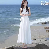 【初色】度假風氣質名媛純色圓領無袖中長裙連衣裙連身洋裝-白色-11257(M-2XL可選) M 白色