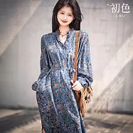 【初色】鄉村風碎花印花木耳邊寬鬆腰身綁帶長袖連衣裙連身洋裝長洋裝-花色-11233(M-XL可選) M 花色
