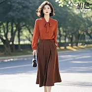 【初色】商務風蝴蝶結V領長袖襯衫上衣女上衣+顯高純色中長裙半身裙套裝-橘衣咖裙-11261(M-2XL可選) 2XL 橘衣咖裙