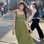 【初色】法式氣質森系碎花收腰顯瘦低領短袖連衣裙連身洋裝長洋裝-綠色-11238(M-XL可選) L 綠色