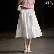 【初色】純色清新文藝蕾絲收腰口袋中長半身裙-共2色-11239(M-XL可選) M 白色