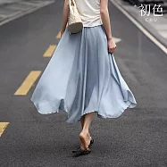 【初色】法式溫柔清新垂感飄逸高腰顯瘦純色A字裙中長裙半身裙-共5色-11240(M-XL可選) L 淺藍色