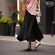 【初色】法式溫柔清新垂感飄逸高腰顯瘦純色A字裙中長裙半身裙-共5色-11240(M-XL可選) L 黑色