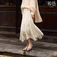 【初色】法式溫柔清新垂感飄逸高腰顯瘦純色A字裙中長裙半身裙-共5色-11240(M-XL可選) XL 米白色