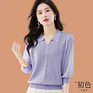 【初色】薄款冰絲翻領緹花雪紡拼接七分袖針織衫上衣女上衣-共3色-11096(F可選) F 紫色
