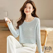 【初色】韓版純色冰絲鏤空短版外搭針織罩衫長袖上衣女上衣-共3色-11097(F可選) F 藍色