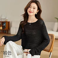 【初色】韓版純色冰絲鏤空短版外搭針織罩衫長袖上衣女上衣-共3色-11097(F可選) F 黑色