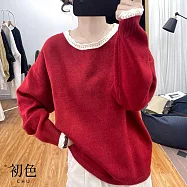 【初色】韓版純色花邊蕾絲圓領寬鬆打底針織長袖上衣女上衣-共5色-11098(F可選) F 酒紅色