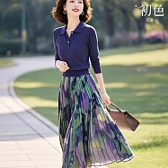 【初色】純色單排扣半門襟翻領長袖針織衫女上衣+花色百褶裙中長裙半身裙套裝-藍衣花裙-11154(M-2XL可選) L 藍衣花裙