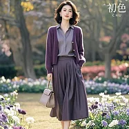 【初色】翻領長袖襯衫女上衣+無領長袖針織衫女外套+純色半身裙套裝-紫色-11157(M-2XL可選) 2XL 紫色