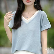 【初色】韓版休閒寬鬆撞色拼接假兩件V領短袖天絲打底衫針織衫T恤上衣女上衣-共4色-11107(F可選) F 淺藍色