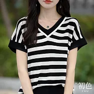 【初色】韓版休閒寬鬆撞色拼接假兩件V領短袖天絲打底衫針織衫T恤上衣女上衣-共4色-11107(F可選) F 條紋