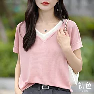 【初色】韓版休閒寬鬆撞色拼接假兩件V領短袖天絲打底衫針織衫T恤上衣女上衣-共4色-11107(F可選) F 粉色