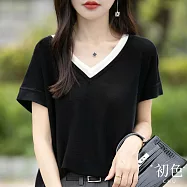 【初色】韓版休閒寬鬆撞色拼接假兩件V領短袖天絲打底衫針織衫T恤上衣女上衣-共4色-11107(F可選) F 黑色