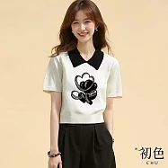 【初色】甜美風撞色拼接花朵印花翻領短袖POLO針織衫上衣女上衣-白色-11109(F可選) F 白色