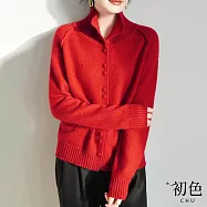 【初色】休閒純色半高立領包布鈕扣長袖插肩袖毛衣針織衫開衫外套女外套-共5色-11129(F可選) F 安哥拉紅