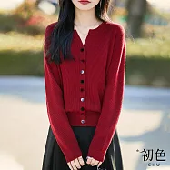 【初色】休閒寬鬆純色V領單排扣長袖外搭毛衣開衫毛衣針織衫女外套-共3色-11130(F可選) F 安哥拉紅