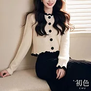 【初色】洋氣休閒撞色花邊單排扣圓領長袖短版毛衣針織衫外套女外套-米白色-11133(F可選) F 米白色