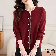 【初色】小香風寬鬆撞色拼接單排扣圓領單排釦長袖毛衣毛衣針織衫外套女外套共3色-11141(F可選) F 安哥拉紅