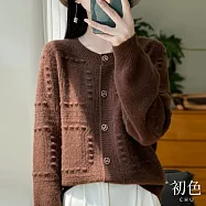 【初色】緹花圓領單排釦落肩袖長袖毛衣針織開衫上衣女外套-共8色-11135(F可選) F 咖啡色