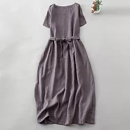 【ACheter】 圓領短袖長款復古寬鬆純色文藝涼爽洋裝# 124663 XL 藕紫色