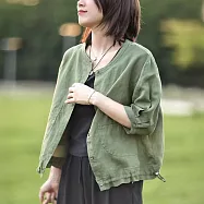 【ACheter】 棉料大碼文藝休閒氣質薄款棉麻感五分袖短版外罩上衣# 124676 L 綠色
