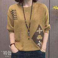 【初色】復古風寬鬆顯瘦圖案緹花圓領長袖毛衣打底衫針織衫上衣女上衣-共3色-11145(F可選) F 黃色