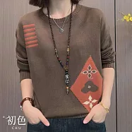 【初色】復古風寬鬆顯瘦圖案緹花圓領長袖毛衣打底衫針織衫上衣女上衣-共3色-11145(F可選) F 咖色