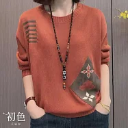 【初色】復古風寬鬆顯瘦圖案緹花圓領長袖毛衣打底衫針織衫上衣女上衣-共3色-11145(F可選) F 橘紅色